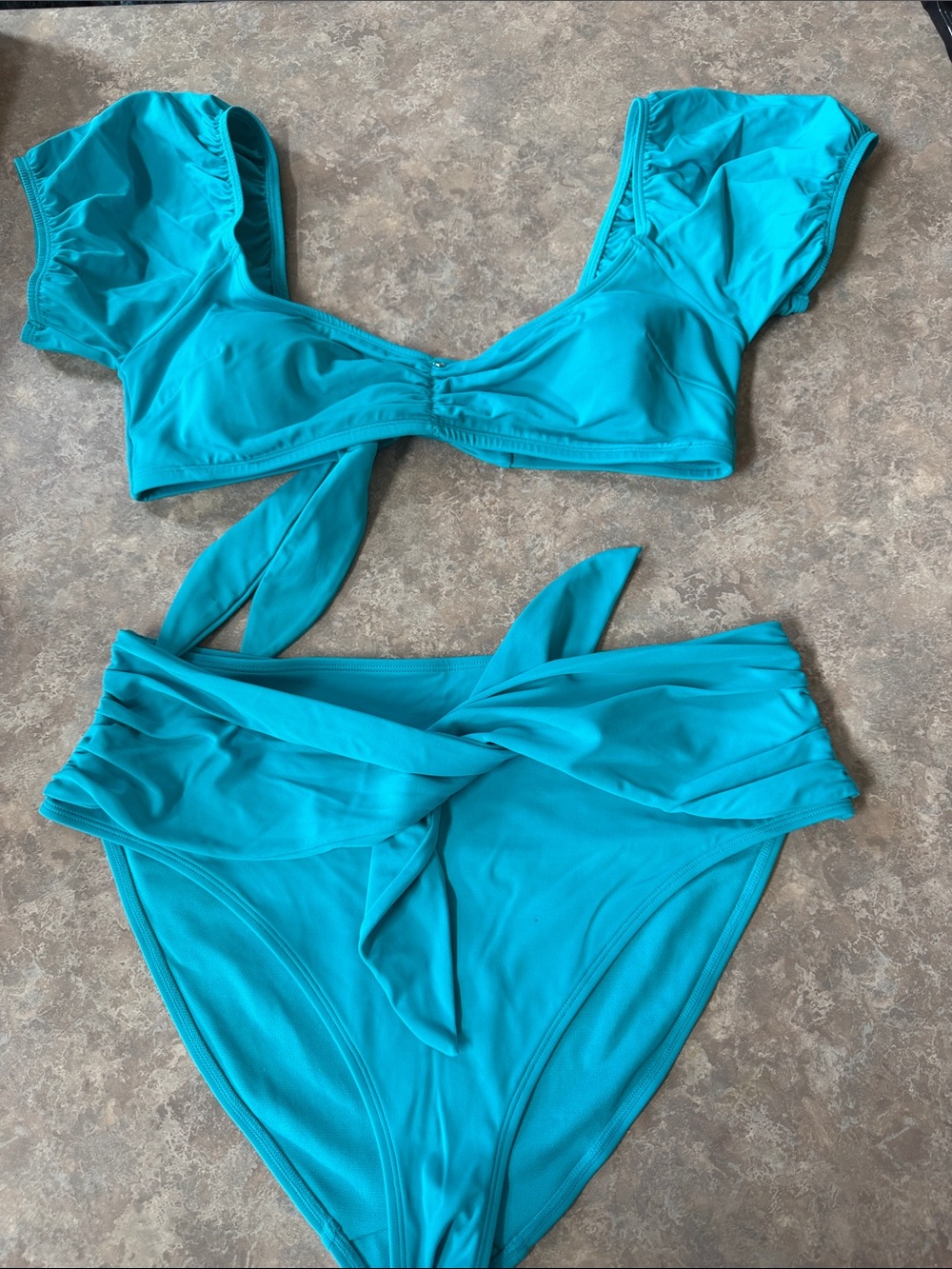 Adore Me Turquoise Ruffle-Sleeve Bikini Top with High-Waist Tie Bottoms